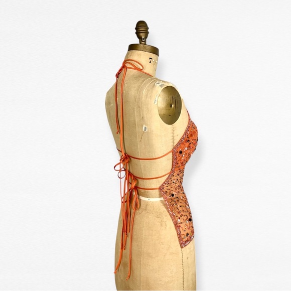 Vintage Y2K Orange V- Neck Sequin Beaded Babydoll Halter Top - Picture 2 of 5